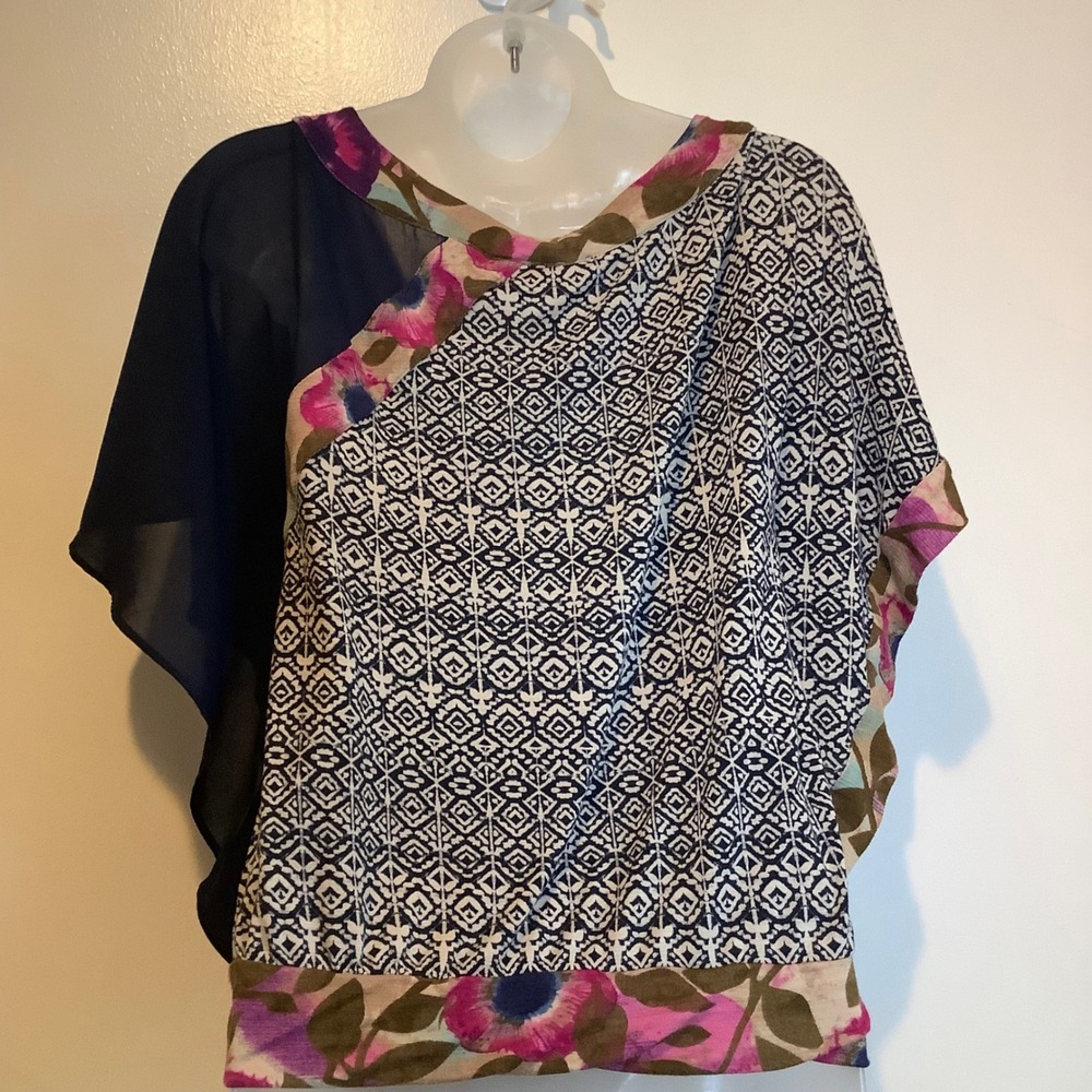Vanessa Virginia Anthropologie Mixed Print Blouse Floral Ikat Asymmetric Navy S - Picture 7 of 15